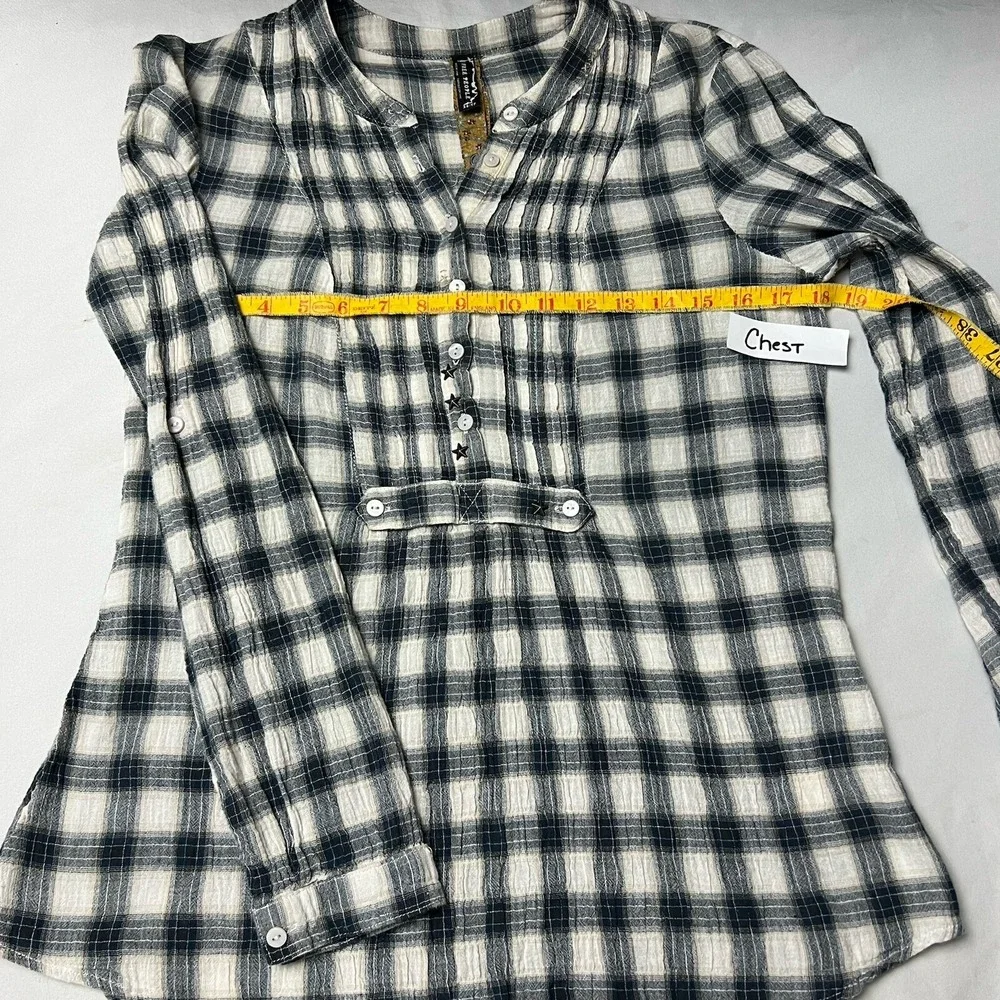 Free People Tunic XS Black‎ Cotton Plaid Country Chic Preppy Shirt Button Blue